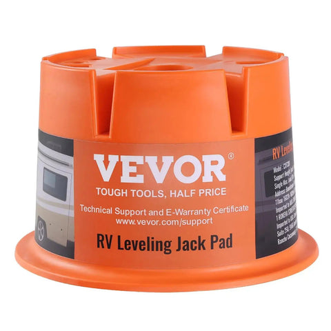 Orange Trailer Jack Block 2000 Lbs Capacity for RV Leveling with label, polypropylene stabilizer block for tongue jacks and fifth wheels.