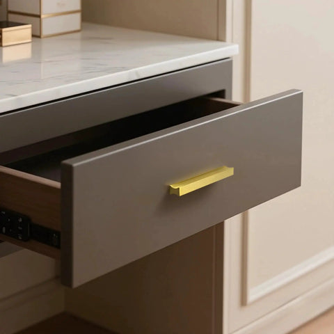 Open dresser drawer with 2 Pack Solid Brass Cabinet Handles In Brushed Gold Finish Modern Kitchen Hardware With Three And Three Quarters Inch Hole Center And Four And One Half Inch Total Length For Dresser Drawers Comfortable Grip Premium Weight installed.