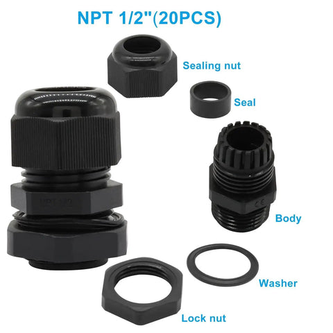 Rugged One Half Inch NPT Cable Glands Set in Black Nylon Waterproof Adjustable Strain Relief Cord Grips shown disassembled