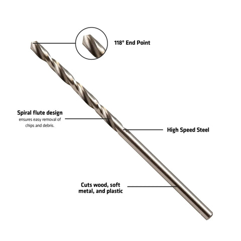 Premium High Speed Steel Wire Gauge Drill Bit No 44 with 118° end point, ideal for precise hole sizing in wood, metal, and plastic.