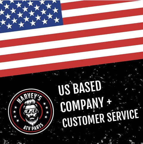 US flag above Harvey's ATV Parts logo highlighting US-based customer service
