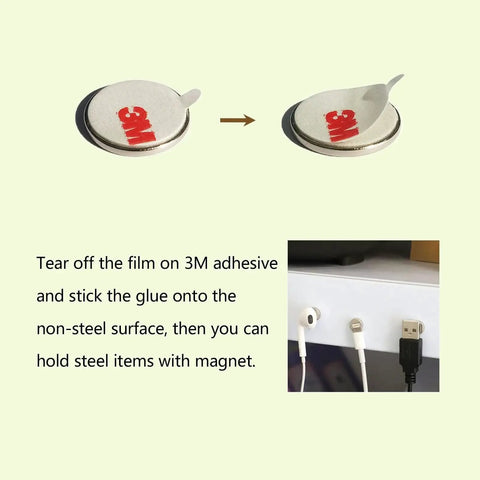 Two round self-adhesive neodymium magnets with 3M backing; peeling film visible; inset shows magnets holding cables.