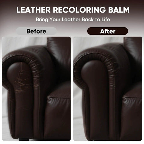 Leather Recoloring Balm For Faded Leather And Scratches Easy Color Restoration Kit For Couches Car Seats Auto Interior Vinyl And Accessories 10 Oz Dark Brown Eco Friendly Non Toxic Formula before and after showing leather couch repair.