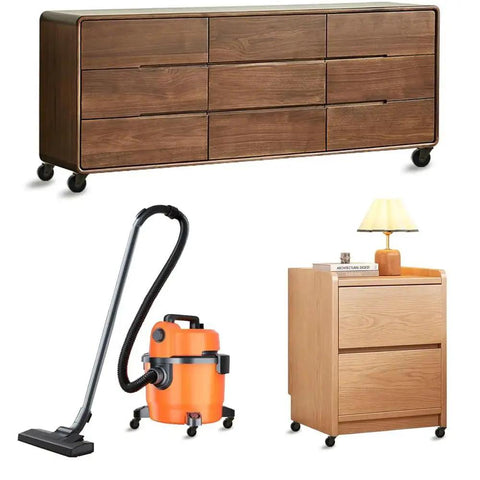 Wooden dresser and cabinet with antique brass caster wheels set of four with rubber wheels and five sixteenth inch by one and one half inch stem sockets for sofa chair cabinet or dresser vintage furniture with smooth quiet rolling and durable steel construction, alongside orange vacuum cleaner on casters.