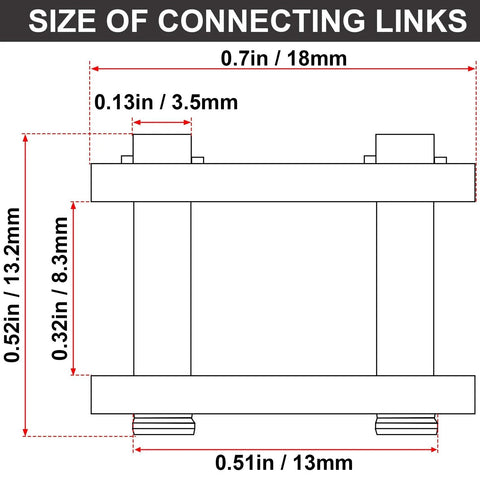 Diagram showing dimensions of 10 Pack Number 35 Chain Master Link Roller Steel Alloy Heavy Duty Connector for Go Kart and mini bike.