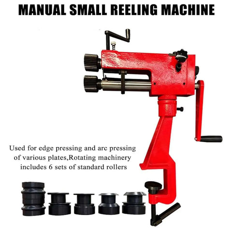 7 Inch Sheet Metal Bead Roller Kit With 6 Dies, red rotary forming tool with cast-iron frame and included standard rollers.
