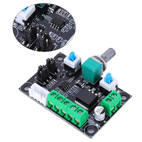 Stepper motor controller board with green terminal blocks, adjustable potentiometer knob, and blue jumpers for MKS OSC.