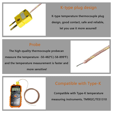 5-pack K-type thermocouple probes, 1 m long, -50°C to 482°C, yellow plug design with braided wire and metal tip