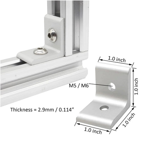 10 Set 1010 Series 1 Inch By 1 Inch Aluminium Extrusion Corner Bracket Connector Kit shown with M6 T Slot Nuts
