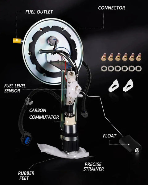 Electric Fuel Pump Assembly For 2003 To 2010 Ford Crown Victoria Lincoln Town Car Mercury Grand Marquis 4.6L V8 And 2003 To 2004 Marauder 4.6L V8 Replaces SP2336H E2336S EB336S OE Numbers 4W1Z9H307AA 3W1Z9H307AB Plug And Play Fit V8 Sedans with components labeled like fuel outlet, connector, commutator, and strainer.