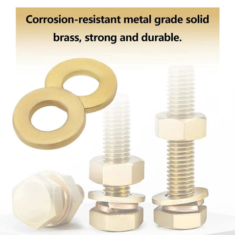 50 Pcs M1.0 Brass Washers Flat Copper Sealing Washers Gaskets shown with bolts, ideal for electronics, hardware, DIY projects.