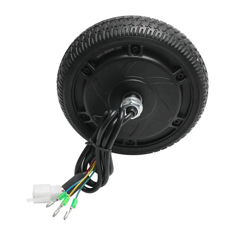 Black brushless hub motor wheel with 6.5-inch road tire and wiring harness