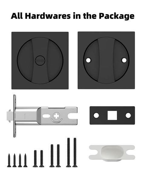 Matte Black Pocket Door Hardware Kit With Privacy Lock For Sliding Doors, screws and components included, front view