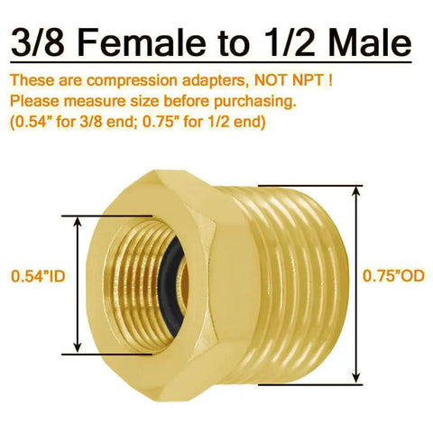 Brass 1/2 G Male To 3/8 Compression Female Thread Bushing Pipe Fitting For Faucets And Hoses with measurements shown
