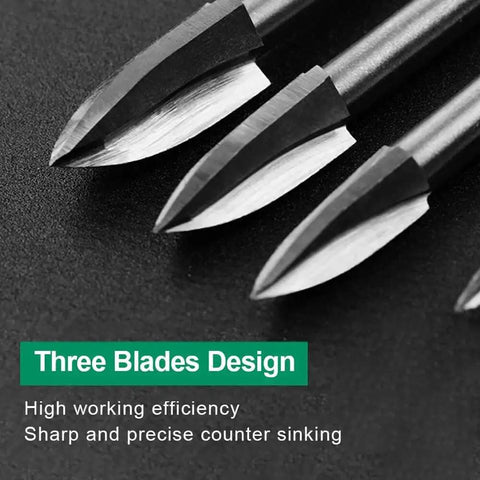 Close-up of sharp Three Blades Design on Wood Carving Drill Bits Set for Dremel Rotary Tool Five Piece Engraving Bits for Woodworking.
