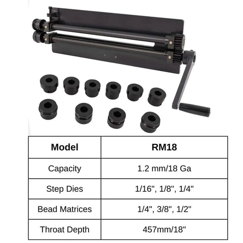 Bead Roller Sheet Metal Machine 18 Inch With 6 Die Sets Rotary Beading Tool for Metal Sheets with specifications shown