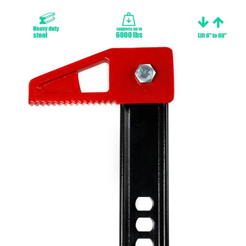 Close-up of red bumper jack head with serrated lever on black steel rail