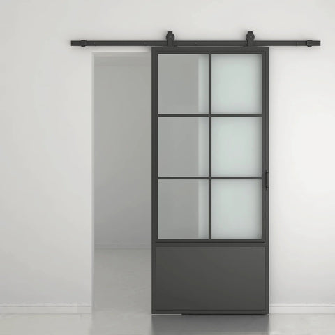 30 Inch By 84 Inch Frosted Glass Barn Door With Black Steel Frame And Three Quarter Lite Panels Ships Fully Preassembled