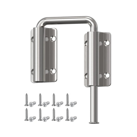 Upgraded Sliding Door Loop Lock With 90 And 180 Degree Adjustable Aluminum Alloy Gate Latch in silver, showing screws for installation.