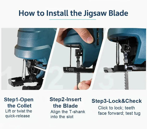 Installation steps for 30-Piece Jigsaw Blades Set For Wood Metal And Plastic Cutting By Craluuur, showing collet and blade alignment.