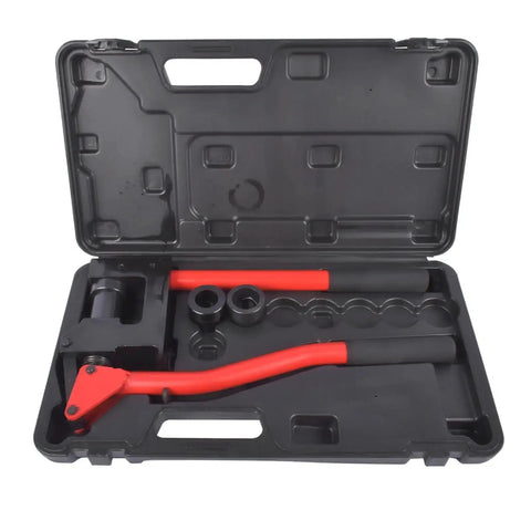 Lever-Action Sheet Metal Punch Kit For 20 Gauge Steel With Conduit Hole Cutter Set in black case with red handle tools.