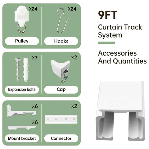 9ft Ceiling Curtain Track System Heavy Duty Aluminum Rail accessories including pulleys, hooks, bolts, caps, brackets, connectors