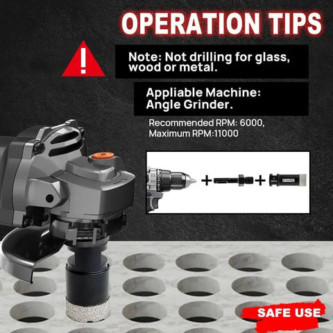 Diamond Core Drill Bit Set Vacuum Brazed Hole Saw 6mm 8mm 10mm With 5/8-11 Thread for Porcelain Tile Ceramic Marble Granite Stone Brick Dry or Wet Drilling DT-DIATOOL showing operation tips and angle grinder compatibility.