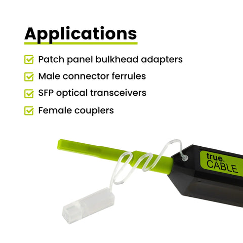 True Cable fiber optic dual-position pen cleaner with lime-green handle; 1.25mm LC/MU ferrules