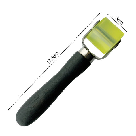 Car sound deadener application roller with black wooden handle and yellow-green wheel; 2-inch and 1.2-inch sizes