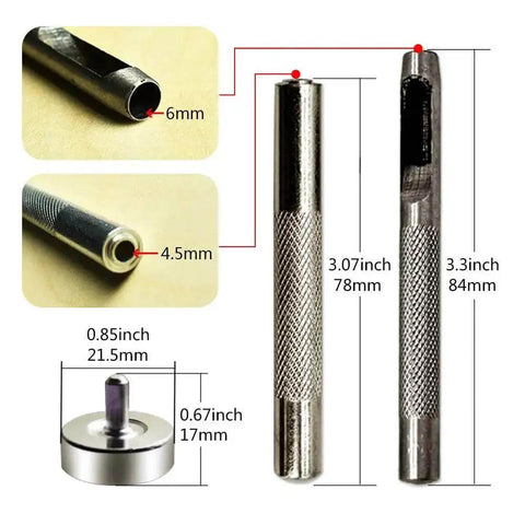 Detailed view of punch and install tool from 300 Set Metal Grommet Kit With Eyelets And Washers, includes dimensions and measurements.