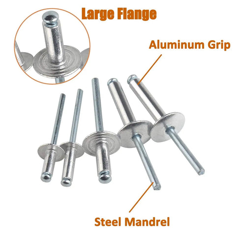 Heavy Duty Aluminum Blind Rivets Set for Metalworking and DIY Projects, 50 Pieces, 3 16 By 5 8 Inch Large Flange, Silver ISPINNER