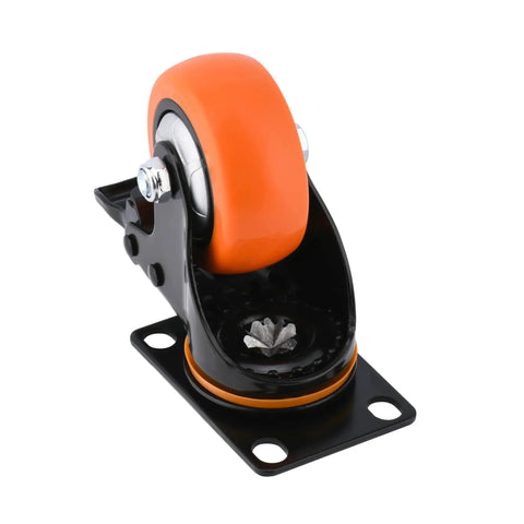 Close-up of a Beefy Heavy Duty 3 Inch Swivel Caster Wheel with Brake, made of orange polyurethane and black steel.