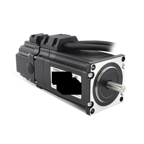 Servo motor with black housing, front view showing silver mounting flange and protruding output shaft