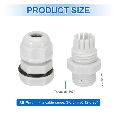 30 Pack PG7 Cable Glands Adjustable 3-6.5mm PA6 Nylon IP68 Waterproof Connectors with Seals for Industrial and Outdoor Electrical Enclosures