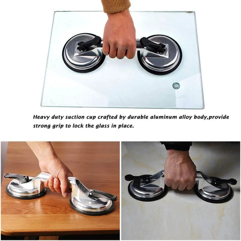 Two Pack Beefy Glass Suction Cups Vacuum Lifter With Aluminum Body And Rubber Base lifting a glass panel, ideal for heavy-duty applications.