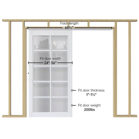 Six Foot Sliding Pocket Door Hardware Kit With Aluminum Box Rail Track Commercial Grade Easy Install Quiet Smooth Sliding For Twenty Four To Thirty Six Inch Wide Single Doors No Door Included Sixty Eight Point Seven Five Inch Track, showing frame and measurements.