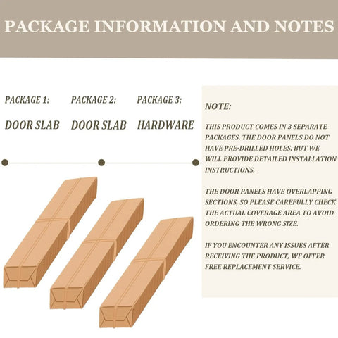 Package contents for Space Saving Sliding Barn Door With Bypass Hardware Kit including door slabs and hardware.