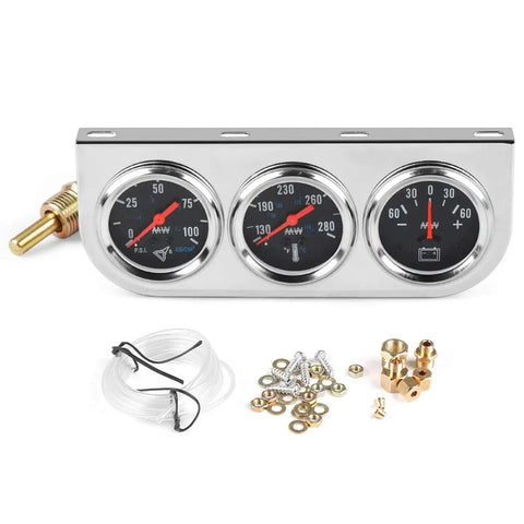 Universal Chrome 2 Inch 52mm Car Triple Gauge Kit Mechanical 3 In 1 With Oil Pressure, Temp, Amp Gauges for 12V Vehicles