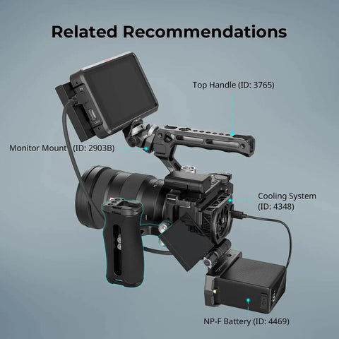 Camera setup with ergonomic mini side handle for camera cages with one quarter twenty screws, cold shoe, and monitor mount