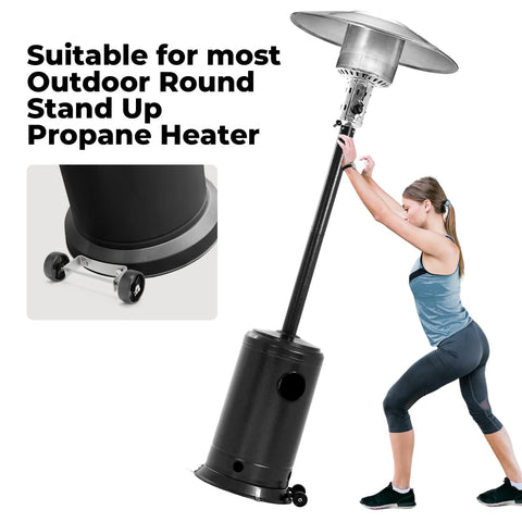 Patio heater wheel kit in black metal with two wheels, universal fit for most round stand-up propane heaters