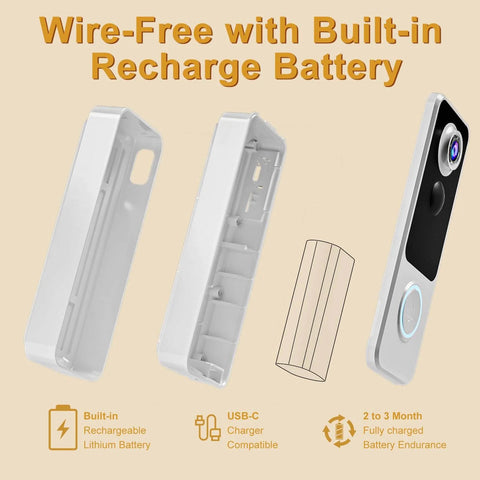 Side view of 2K FHD Wireless Doorbell Camera With 180 Degree Head To Toe View No Sub Fees Battery Powered Two Way Talk Motion Alerts Smart Home Chime Works With Alexa And Google 2.4G WiFi, showcasing wire-free design and built-in rechargeable battery.