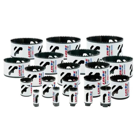 Bi Metal Speed Slot Hole Saw Kit With Quick Change Arbor For Faster Cuts And Deeper Reach Non Binding Coating T2 Technology Up To 2x Life 10 Percent Taller Than Prior Gen Lenox 26 Piece Bi Metal Hole Saw Set, showing 26 bi-metal hole saws of various sizes.