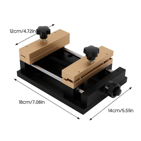 Adjustable Aluminum Alloy Fixture For Laser Cutting And Marking On Metal Sheets, 4.72 By 4.72 Inch Clamping Range, gold and black design.