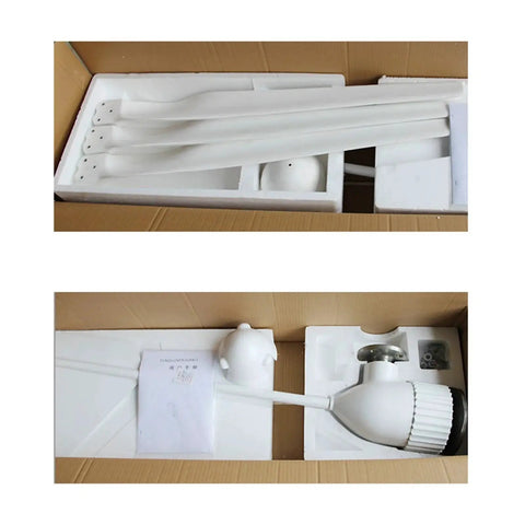 Front view of three white nylon-fiber wind turbine blades in foam packaging.
Side view of white wind turbine generator with hub and mounting hardware in foam packaging.
