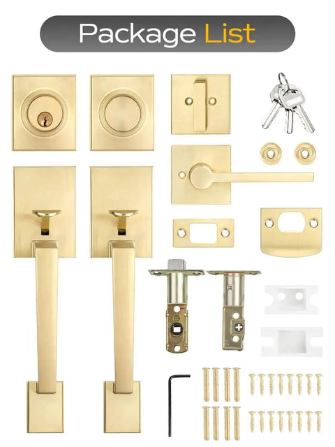 Double Front Door Handle Set With Satin Brass Exterior Lock Front Door Handle And Single Cylinder Deadbolt, package components