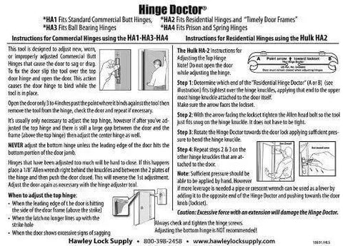 Instruction manual for Hinge Doctor showing repair steps for HA1, HA2, HA3 commercial and residential hinges with illustrations
