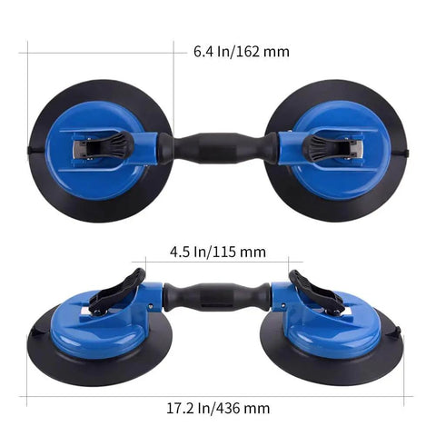 Heavy Duty Vacuum Suction Cup Lifter 330lb Lift with dual swivel pads and ergonomic grip, flat and curved surfaces handling, dimensions shown