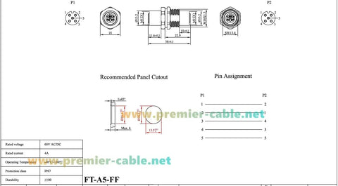 Technical drawing of M12 A Coded 5 Pin Female To Female Coupler Panel Mount IP67 Shielded Bulkhead