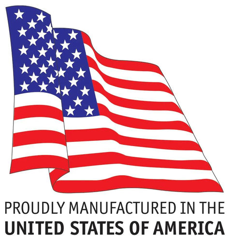 American flag graphic waving; caption reads Proudly manufactured in the United States of America.