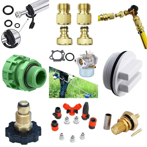 Various plumbing and tool components with connectors, valves, and fittings on a white background.
